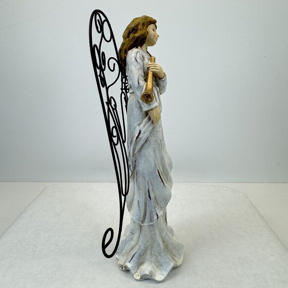 Vintage Rustic White Christmas Angel Figurine With Metal Wings Gold Trumpet 11" - Picture 5 of 10